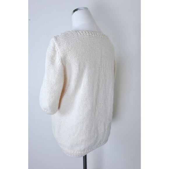 Handmade Cottagecore Short Sleeve Sweater Top Square Neck Cream Cable Knit - Picture 10 of 12